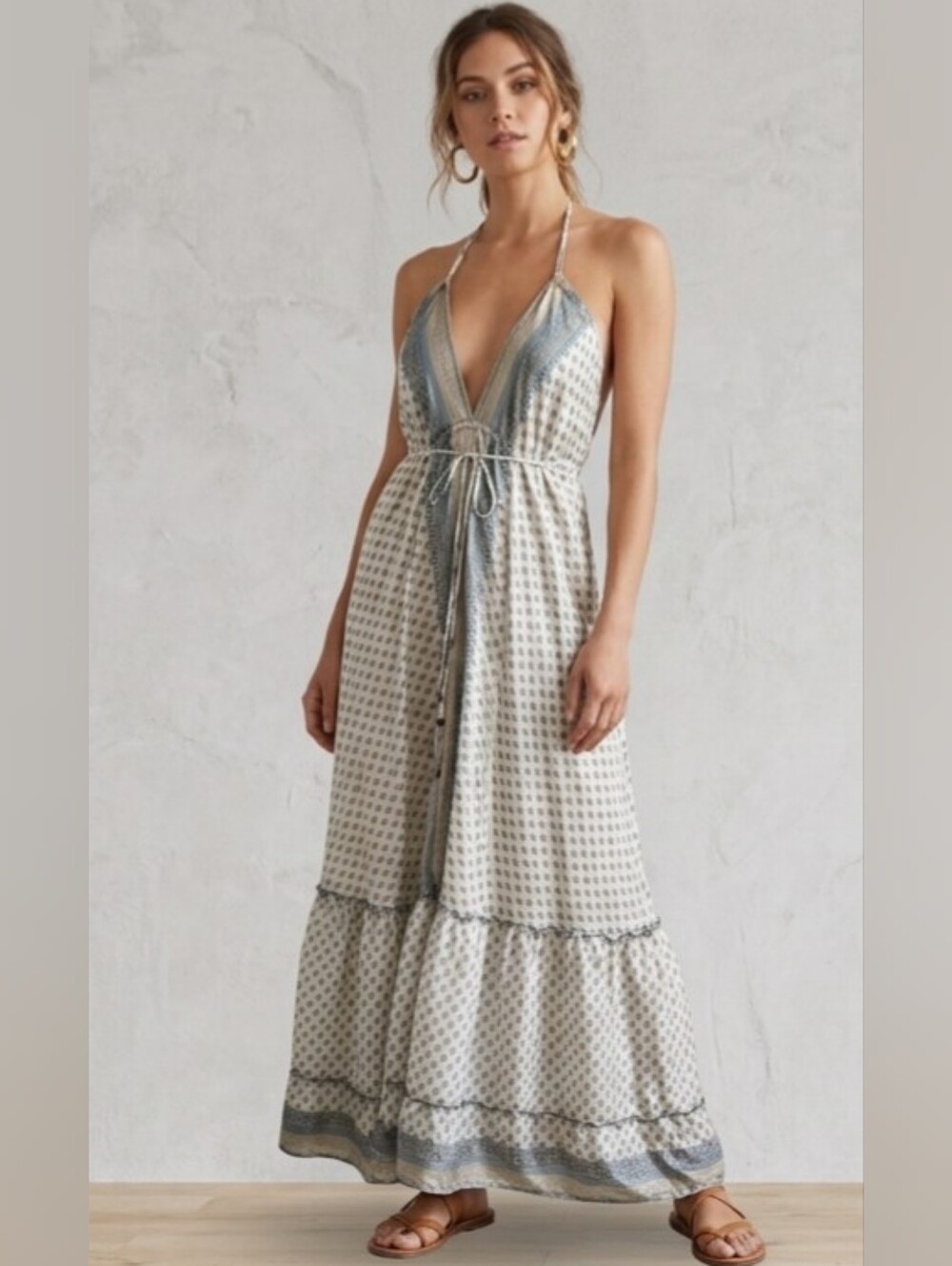 ​MT COLLECTION Silk Viscose Halter Maxi Dress Blue White Gold Plunge, One Size